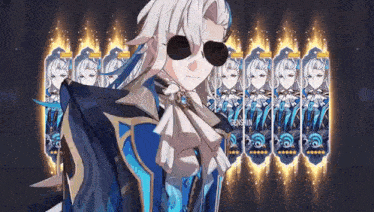 a man wearing sunglasses is standing in front of a row of cards in a video game .