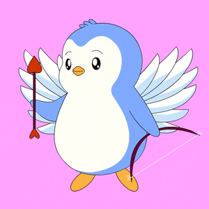 a blue and white penguin with wings is holding a red heart shaped arrow