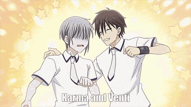 a couple of anime characters standing next to each other with the words karma and venti written in the corner