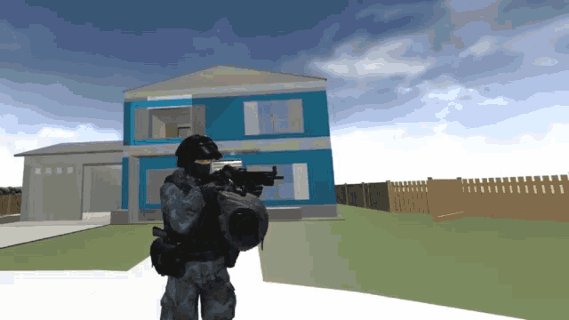 a soldier is holding a rifle in front of a blue house
