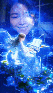 a painting of a woman playing a piano with a picture of a woman in the background