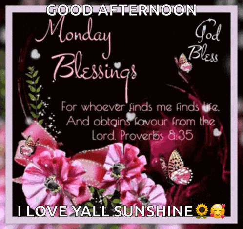 a good afternoon monday blessings greeting card with pink flowers and butterflies