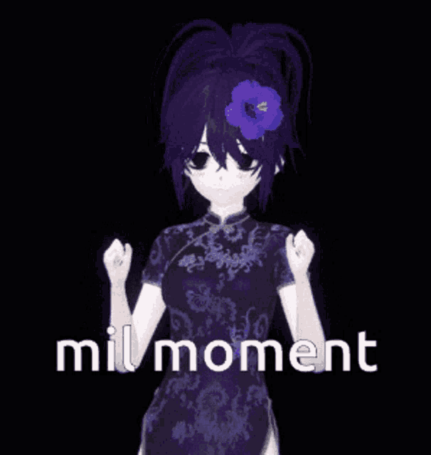 a girl with purple hair and a flower in her hair has mil moment written in white letters