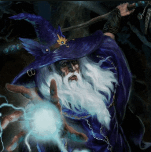 a wizard with a beard and a purple hat is holding a cane
