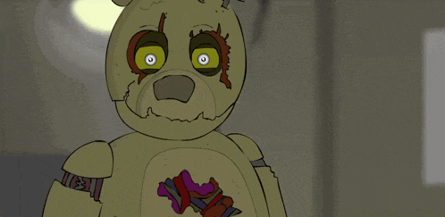 a cartoon of a teddy bear with yellow eyes and a purple scarf around his neck