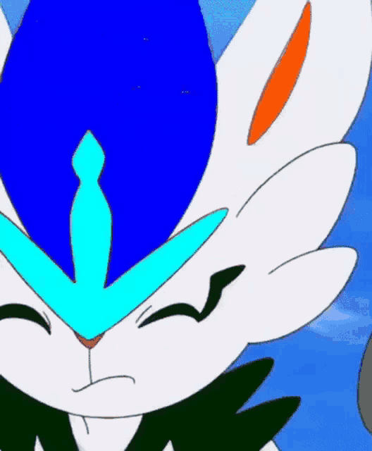a close up of a cartoon rabbit 's face with a blue circle on it 's head .