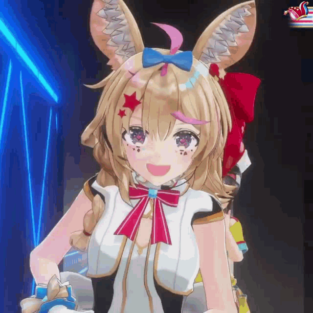 a girl with bunny ears and a red bow on her head