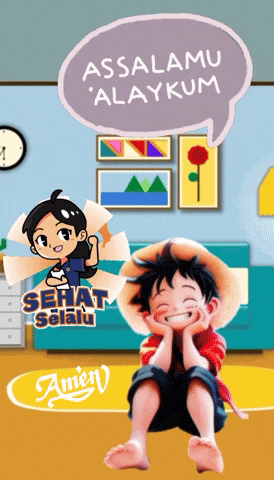 a cartoon character sitting on the floor with a speech bubble saying assalamu alaykum