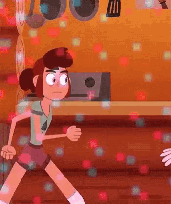 a cartoon girl is standing on a wooden floor in front of a wall .