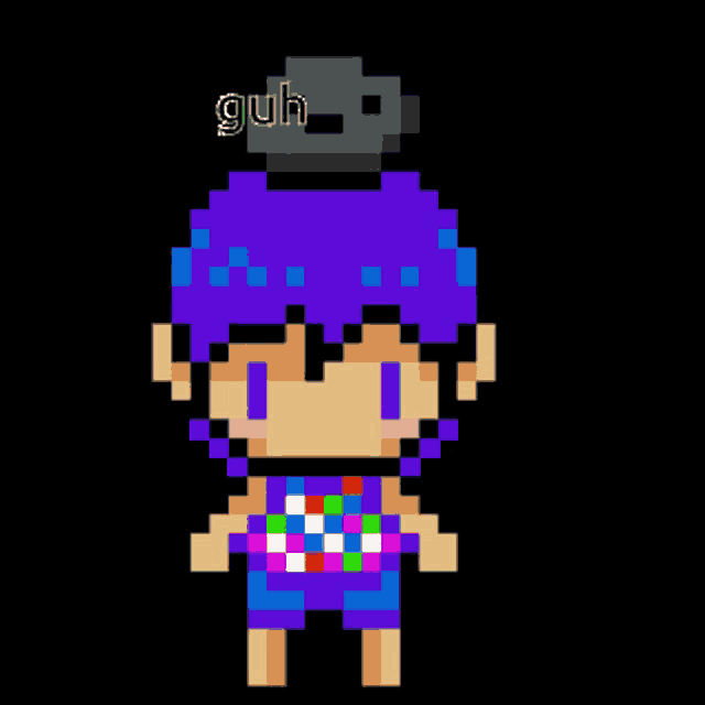 a pixel art of a girl with purple hair and the word guh above her head