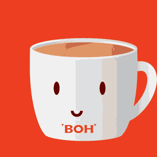 a white coffee cup with the word boh on the side