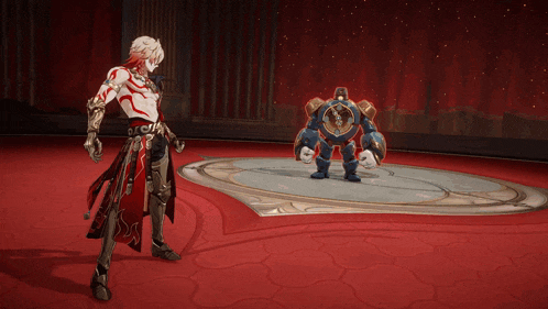 a video game character is standing next to a giant robot