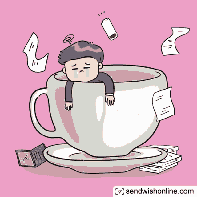 a cartoon of a man laying in a cup of coffee with sendwishonline.com in the corner