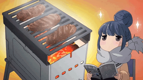 a girl is reading a book next to a grill