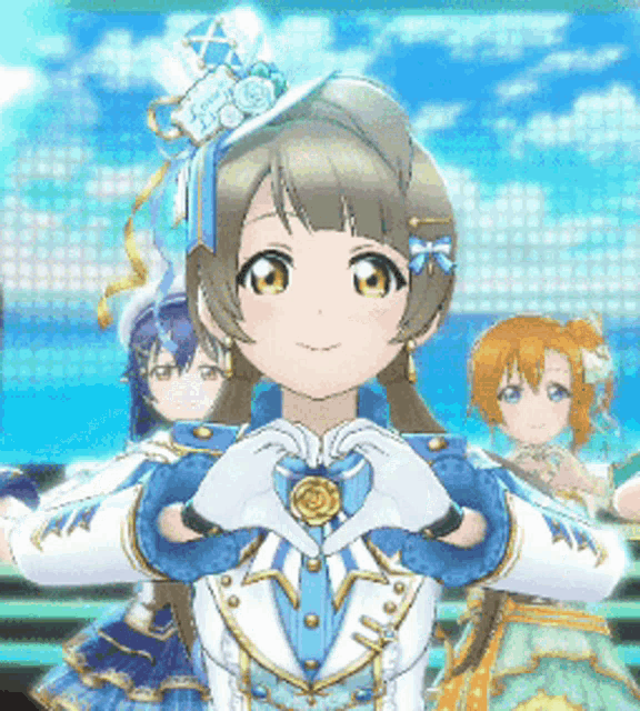 a girl in a blue and white outfit making a heart with her hands