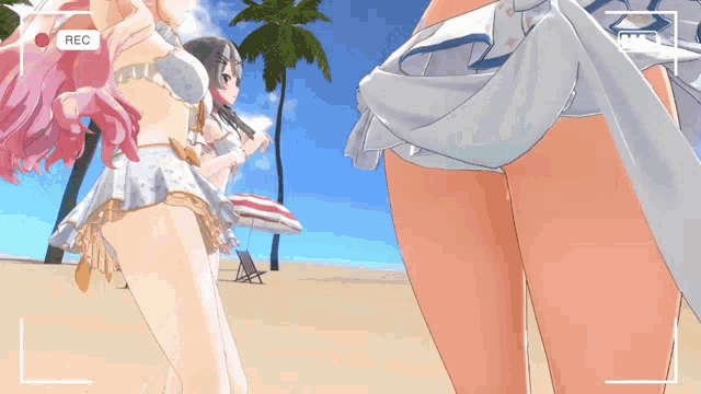 two anime girls are standing on a beach with a rec button in the corner