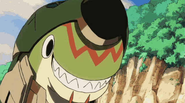 a cartoon drawing of a monster with sharp teeth and a hat