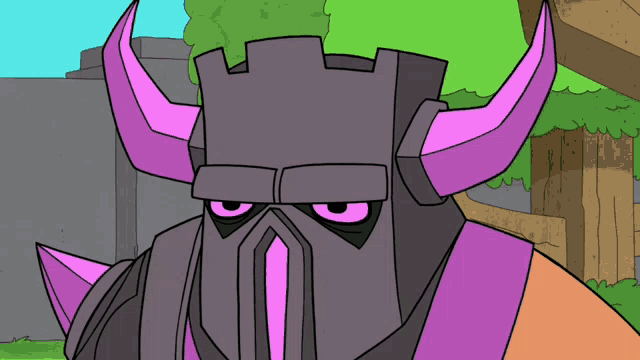 a cartoon character with purple horns and a castle on his head