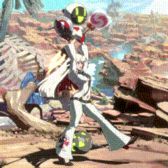 a video game character is holding a lollipop and a sword in a desert landscape .