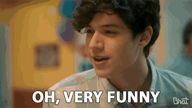 a young man says oh very funny in front of a yellow background