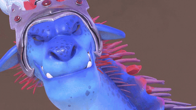a blue and purple cartoon character with a helmet on