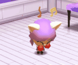 a cartoon character with horns and a purple hat is standing on a wooden floor