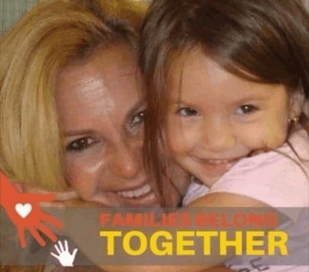 a woman is holding a little girl in her arms and the words families belong together are on the bottom