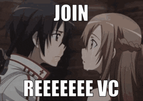 a boy and a girl are looking at each other with the words join reeeee vc written on the bottom .