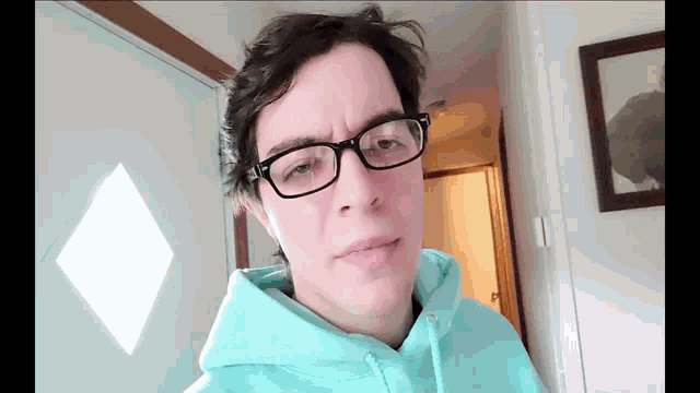 a man wearing glasses and a blue hoodie