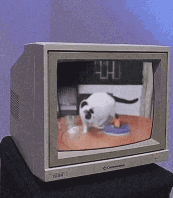 a commodore computer monitor displays a cat on the screen