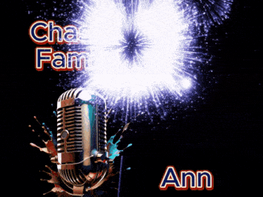 a microphone with fireworks in the background and the name ann