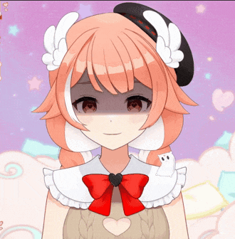 a girl with pink hair and a red bow on her sweater