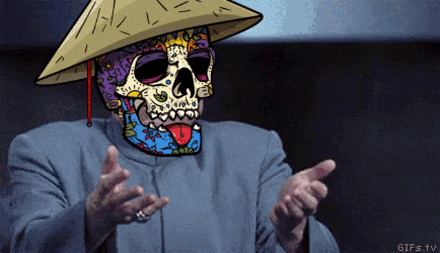 a cartoon drawing of a man with a skull on his face wearing a conical hat