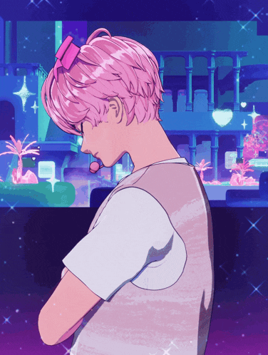 a drawing of a girl with pink hair and a bow in her hair