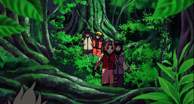 a group of anime characters walking through a forest