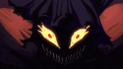 a black monster with a glowing eye is standing in front of a blue sky .