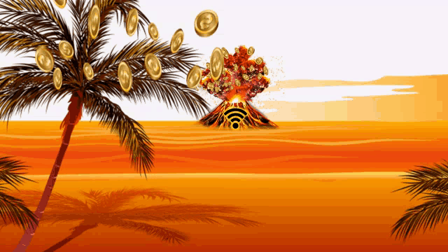 an illustration of a volcano with coins falling from the sky