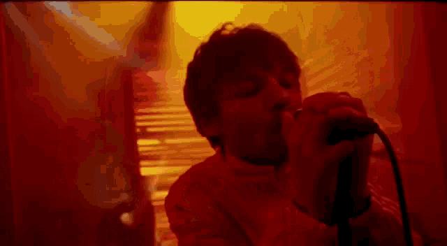 a man is singing into a microphone in a dark room with red lights .