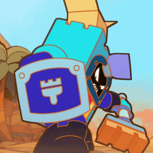 a cartoon drawing of a robot with a shield and a castle on it