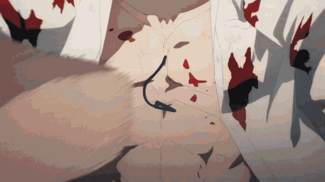 a drawing of a person with blood on their chest
