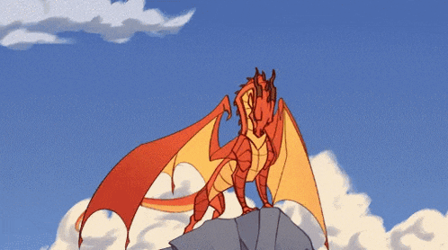 a red dragon is standing on top of a rock with its wings spread .