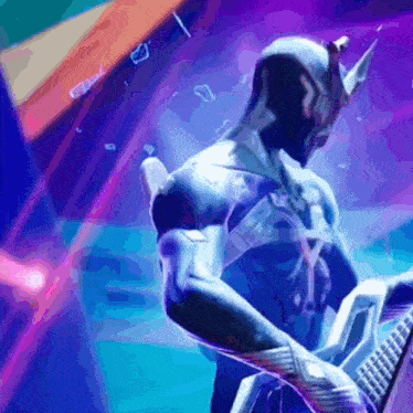 a man in a futuristic suit playing a guitar
