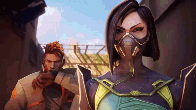 a man and a woman are standing next to each other and the woman is wearing a mask