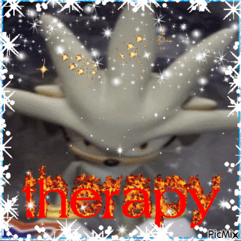 a picture of silver the hedgehog with the word therapy in red letters