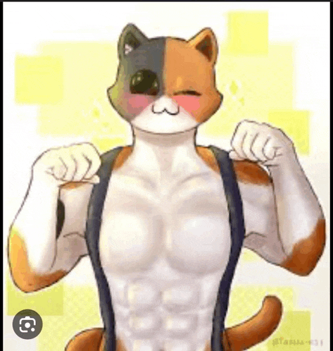 a cat is flexing its muscles in a cartoon .