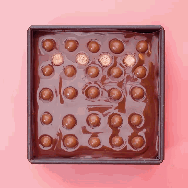 a tray of chocolate with maltesers on it