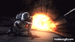 a video game character is kneeling down in front of a large explosion .