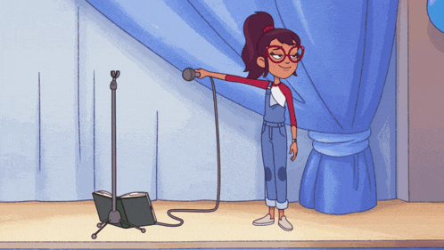 a cartoon of a girl holding a microphone on a stage