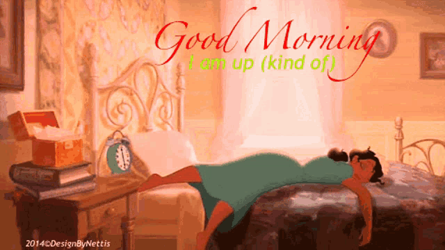 a cartoon of a woman laying on a bed with the words good morning i am up ( kind of ) above her
