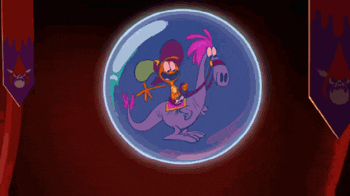 a cartoon character is riding a dinosaur in a glass sphere